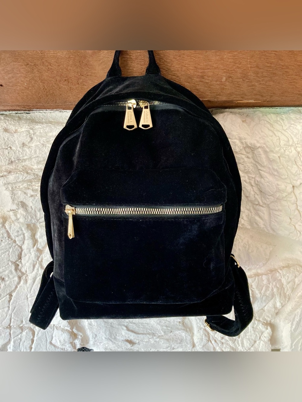 EUC Aimee Kestenberg Black Velvet Backpack with Gold Zippers